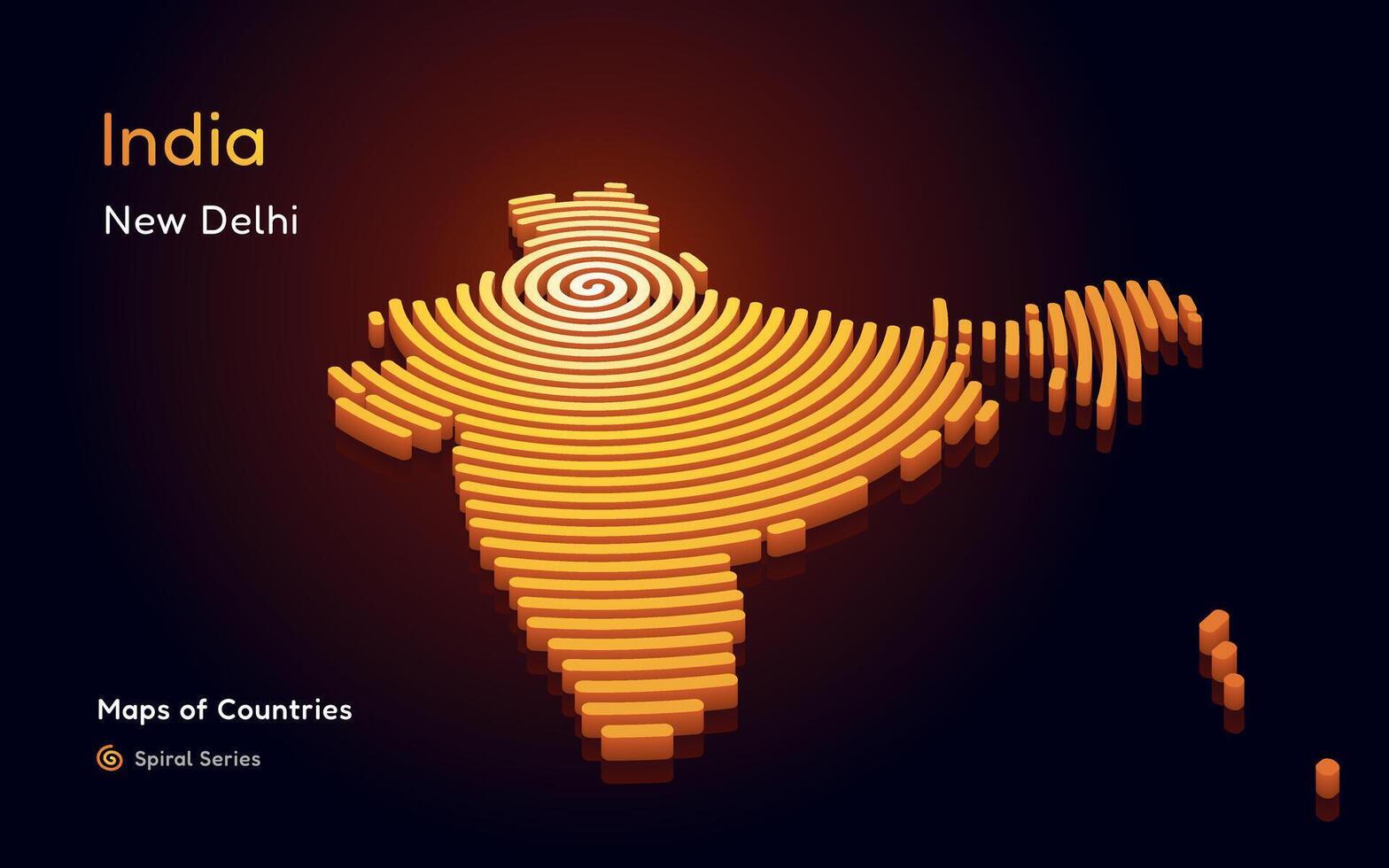 3d oro vector mapa de India un circulo espiral modelo con un capital de nuevo Delhi