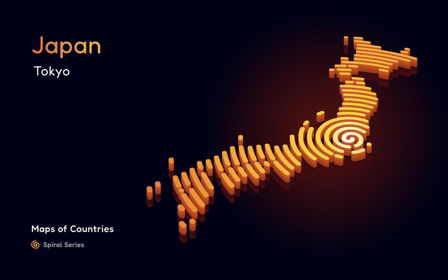 3D Gold Vector Map of Japan a Circle Spiral Pattern with a Capital of Tokyo