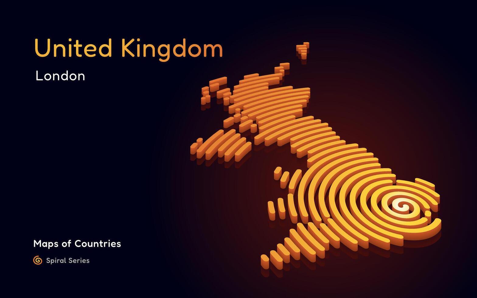 3D Gold Vector Map of United Kingdom a Circle Spiral Pattern with a Capital of London.