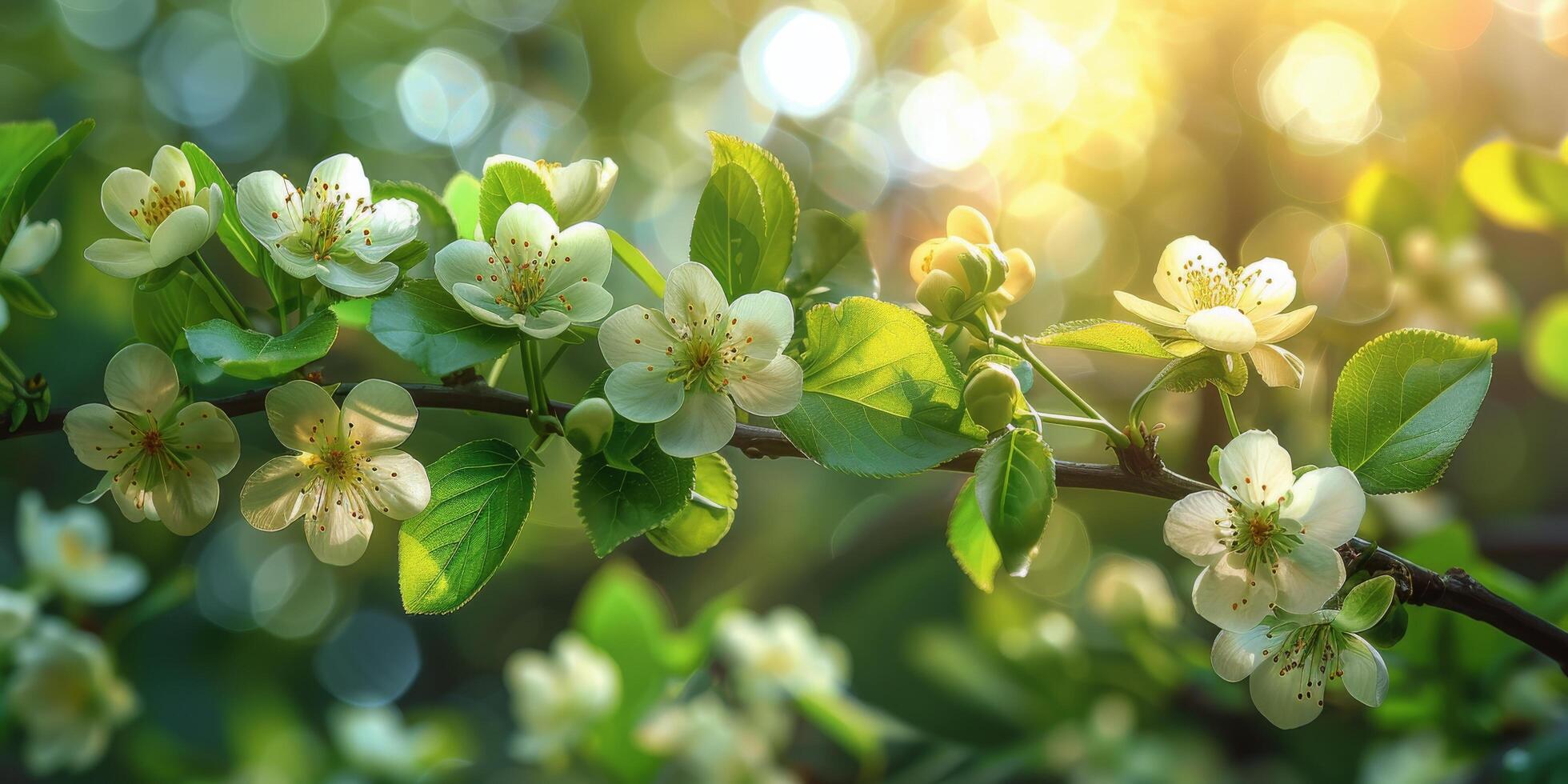 AI generated Branch With White Flowers and Green Leaves photo