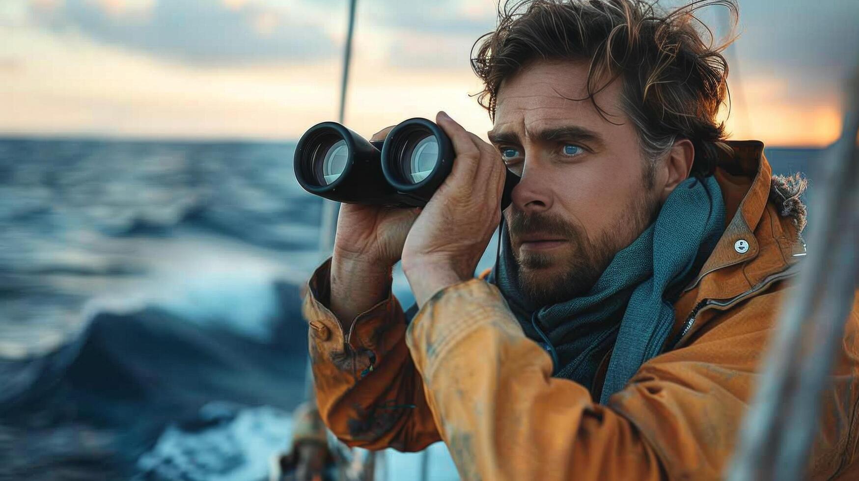 ai generado hombre mirando mediante prismáticos en un barco foto