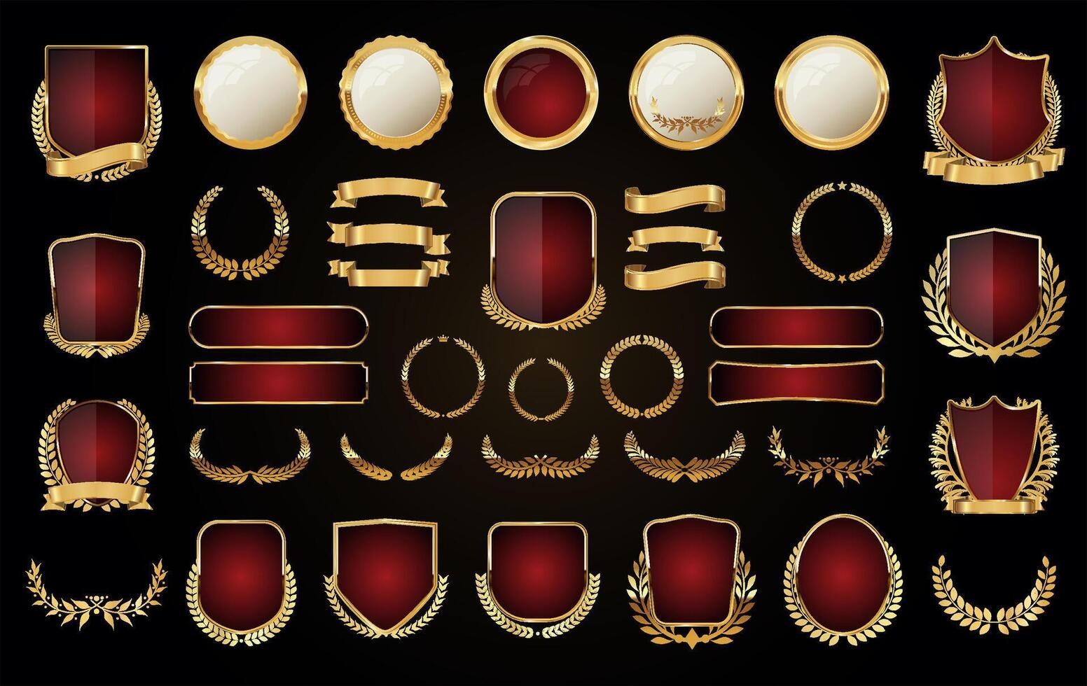 Gold and red shield badge and laurel wreath vector collection