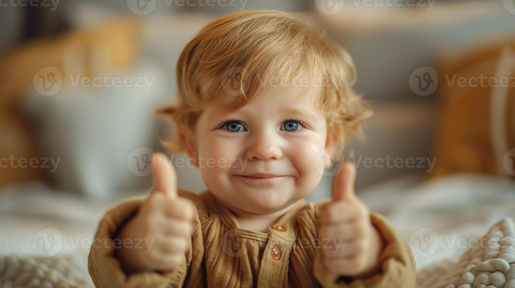 AI generated Happy Baby Giving Thumbs Up Outdoors with Golden Sunset Light photo