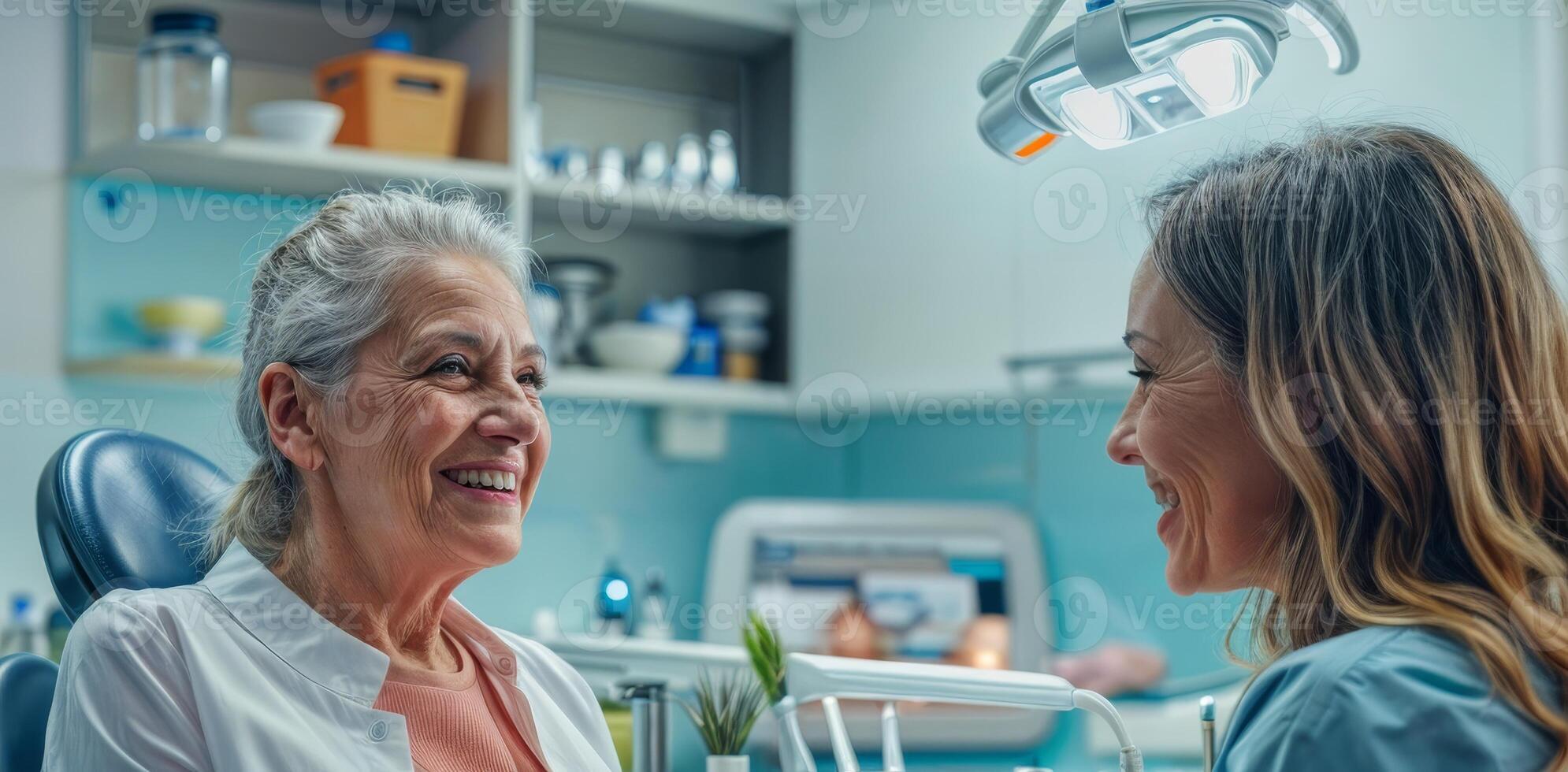 AI generated Dental Consultation Orthodontist Discusses Procedure with Senior Patient Using Dental Model at Dentist's Office photo