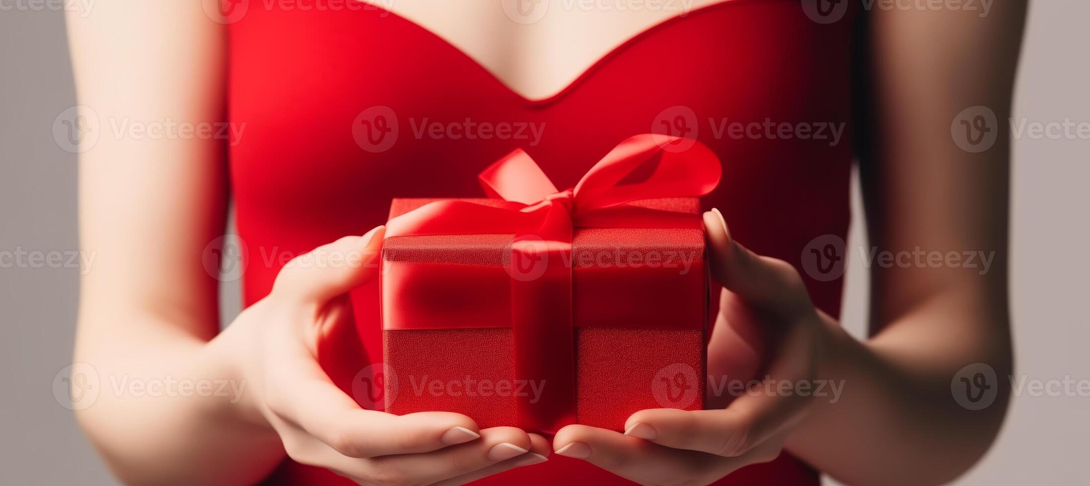 A woman with a red dress is holding a red gift box with her thumb and fingers, making a gesture with her mouth and sleeve in magenta and pink tones photo