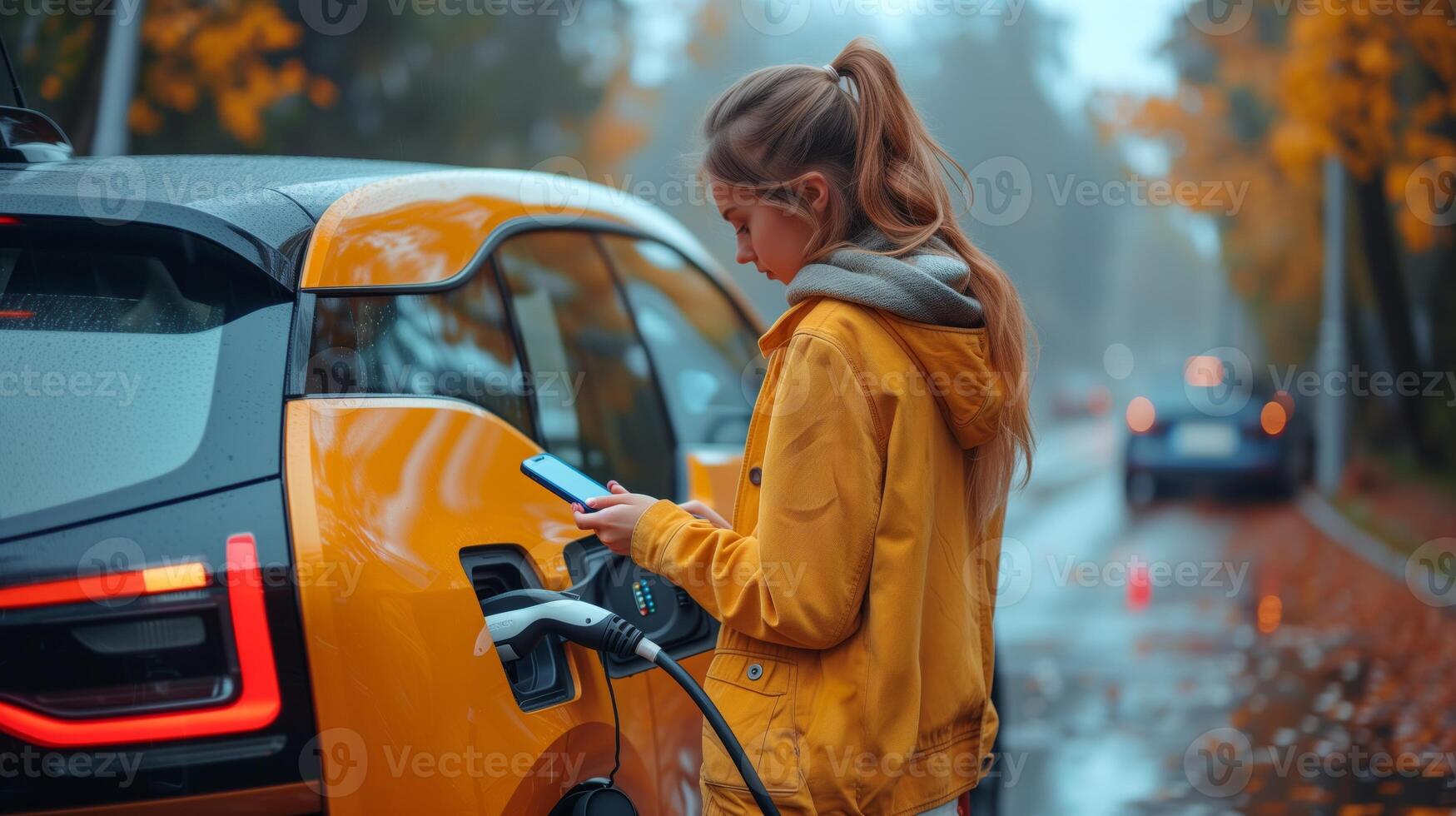 AI generated young girl checks her mobile phone while recharging electric car photo