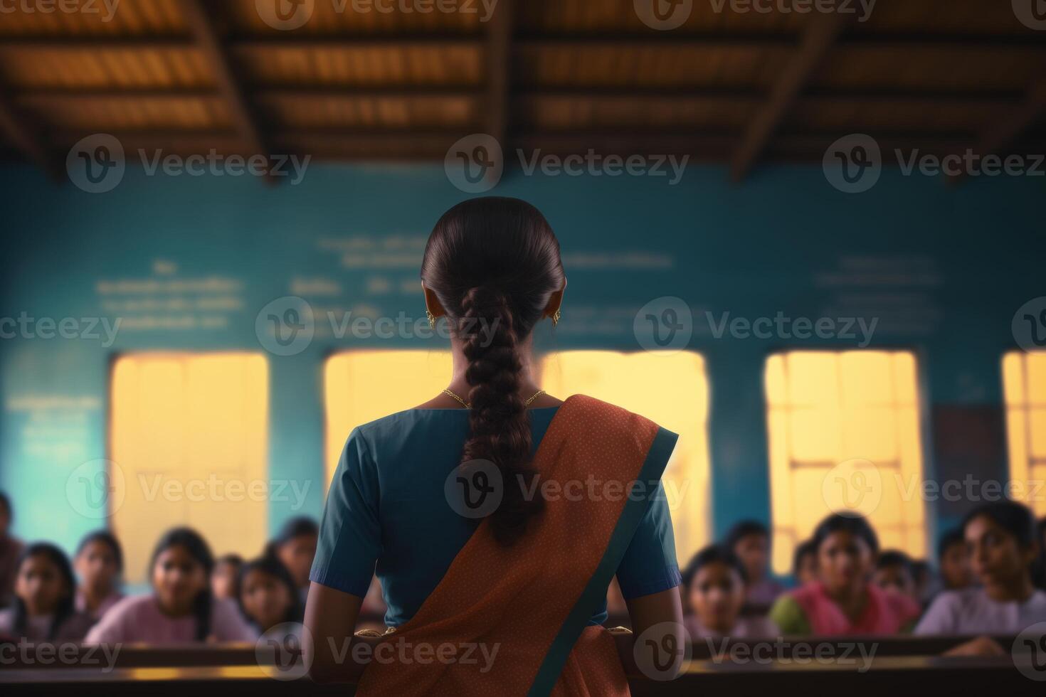 A woman is engaging a crowd of children in a fun and happy classroom event. The room is filled with excitement as the audience enjoys the competition and sports activities photo