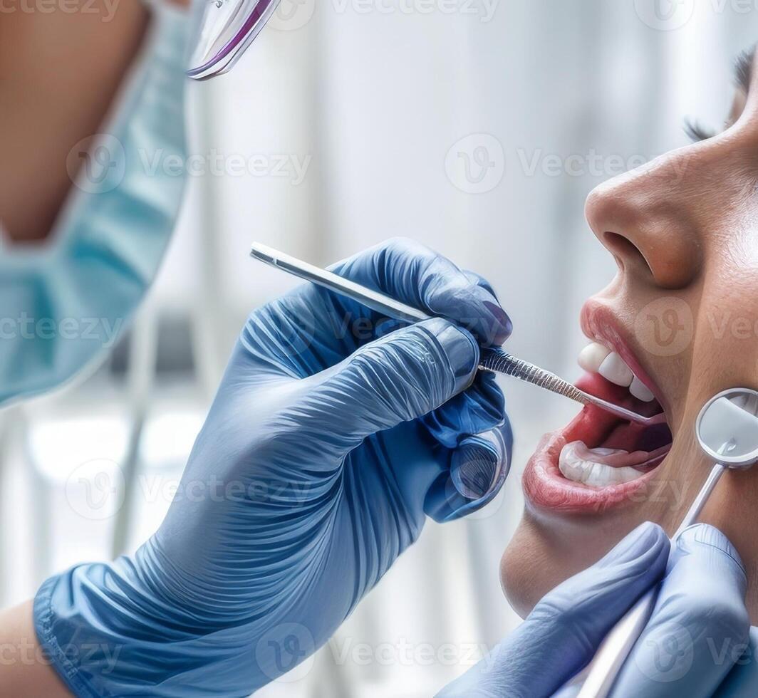 AI generated Dentist Visit Woman Undergoes Dental Examination with Mouth Open for Oral Health Assessment photo