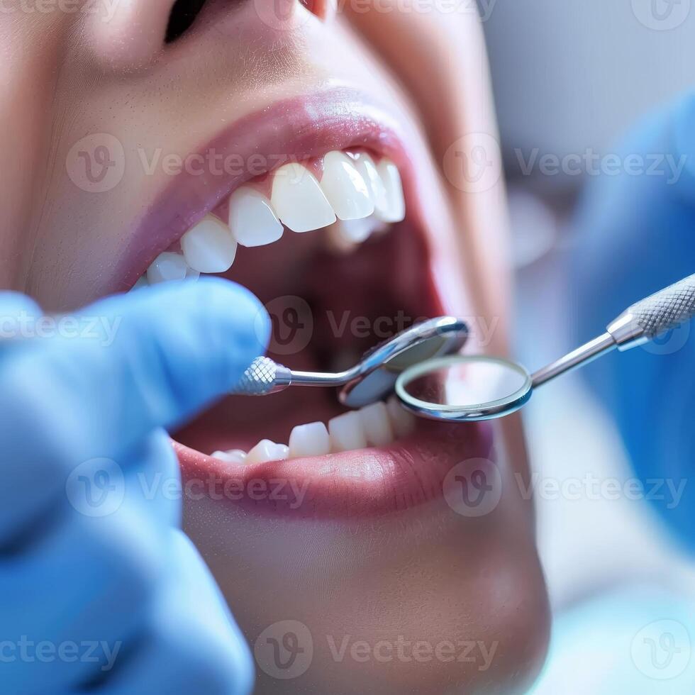 AI generated A woman is getting her teeth cleaned by a dentist photo