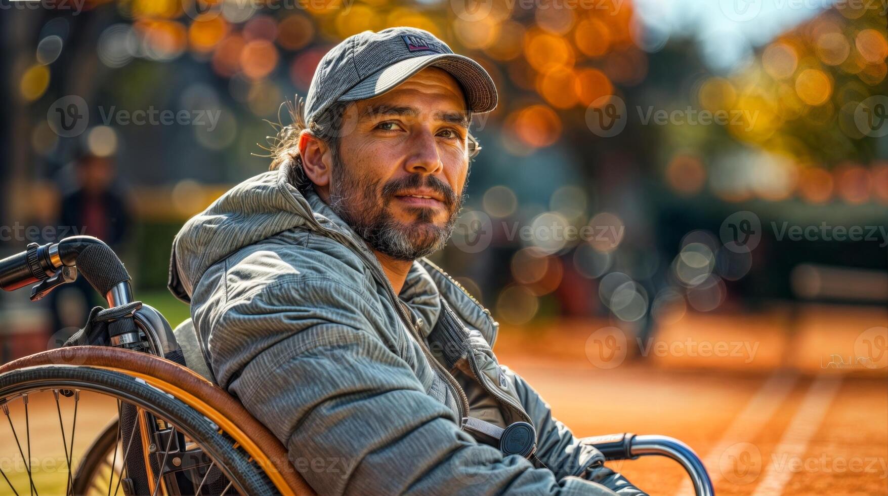 AI generated A man wearing a hat sits in a wheelchair on a tennis court. photo