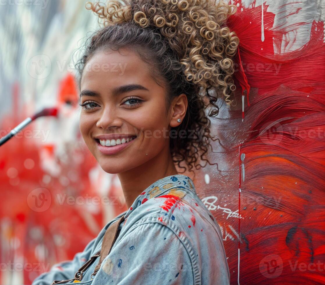 AI generated young balck woman painting red and white mural outdoors daytime photo