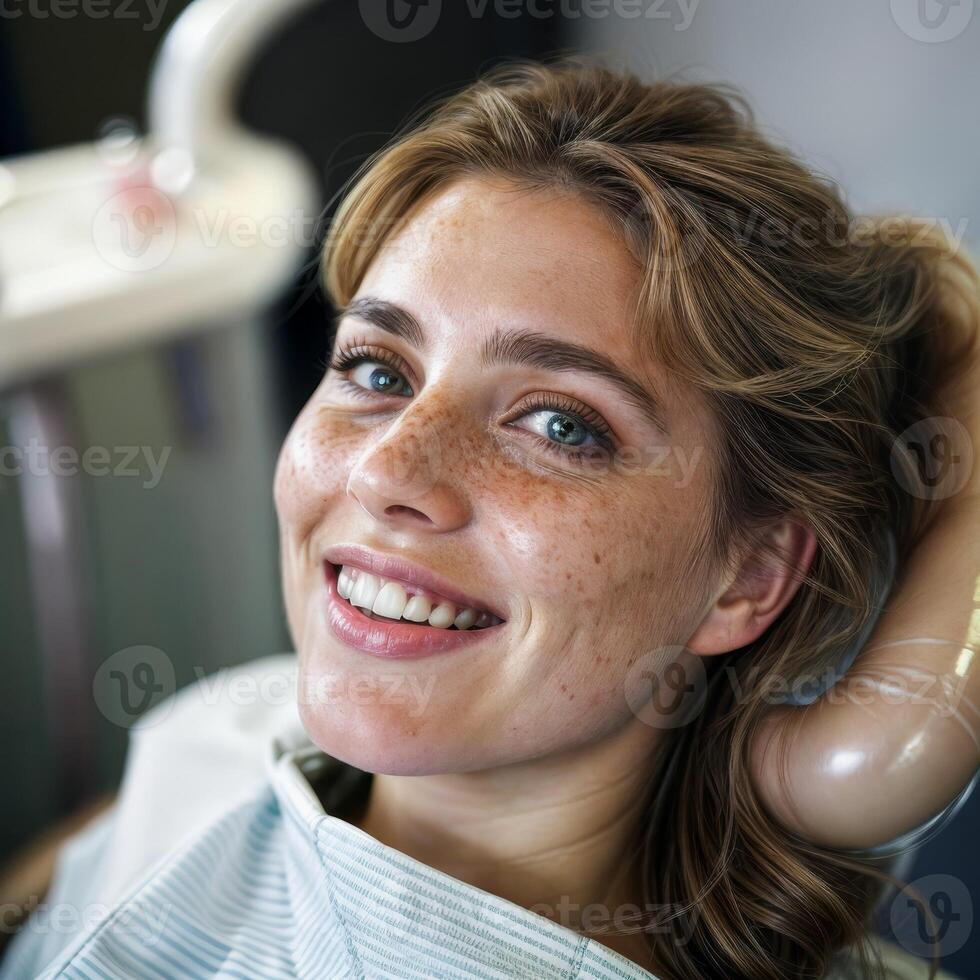 AI generated Dental Chair Relaxation Woman with Long Hair Wears a Smile During Dental Visit photo