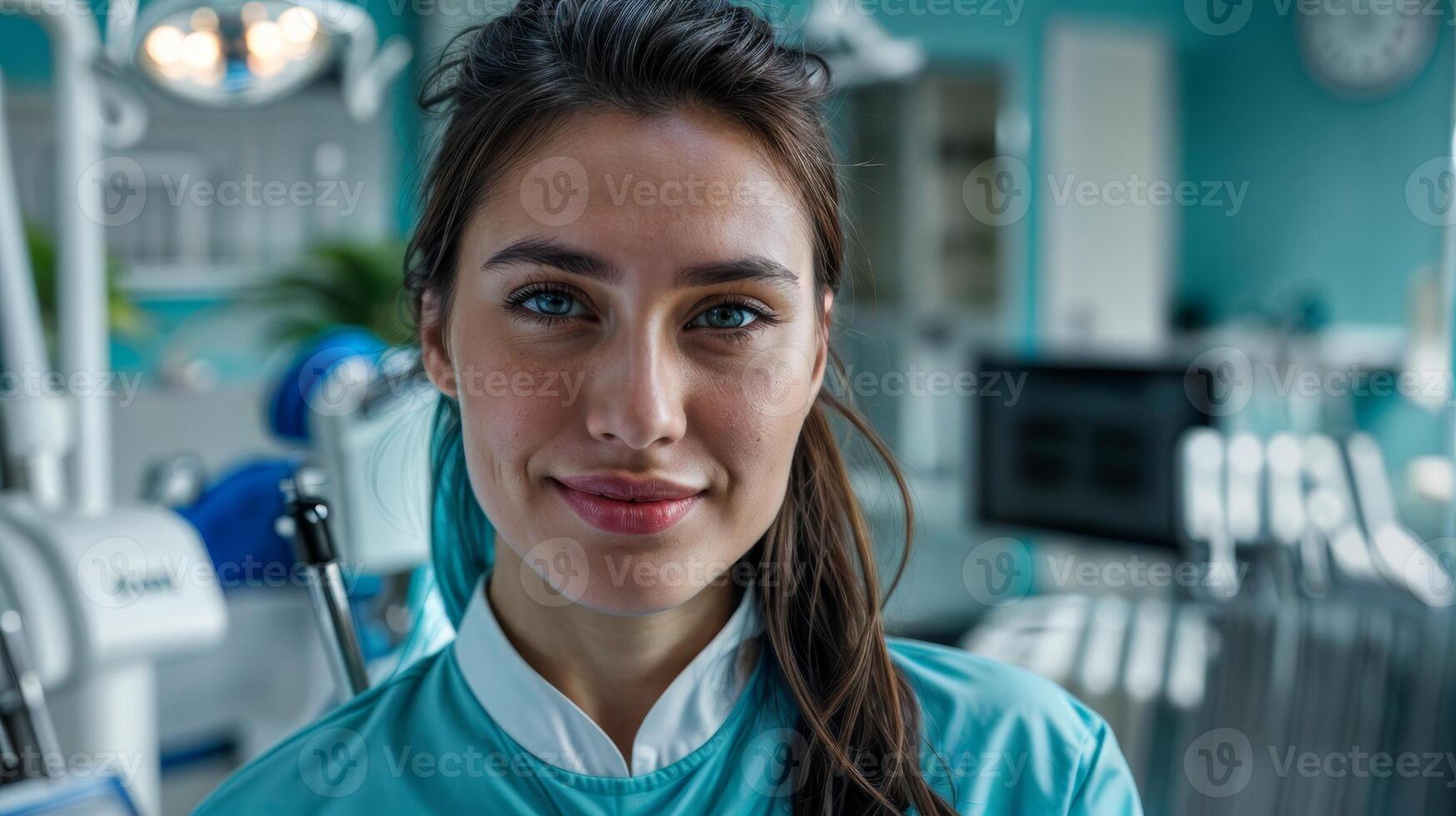 AI generated A woman in a blue uniform stands in a dental office photo