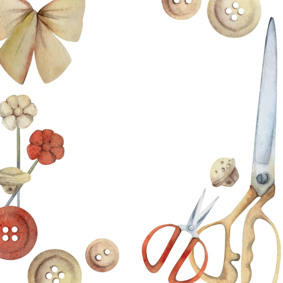 Hand drawn watercolor illustration sewing craft supplies. Fabric scissors snaps, pins, wooden buttons ribbon bow tie, red beige. Frame isolated on white background. Design atelier, tailor, hobby shop vector