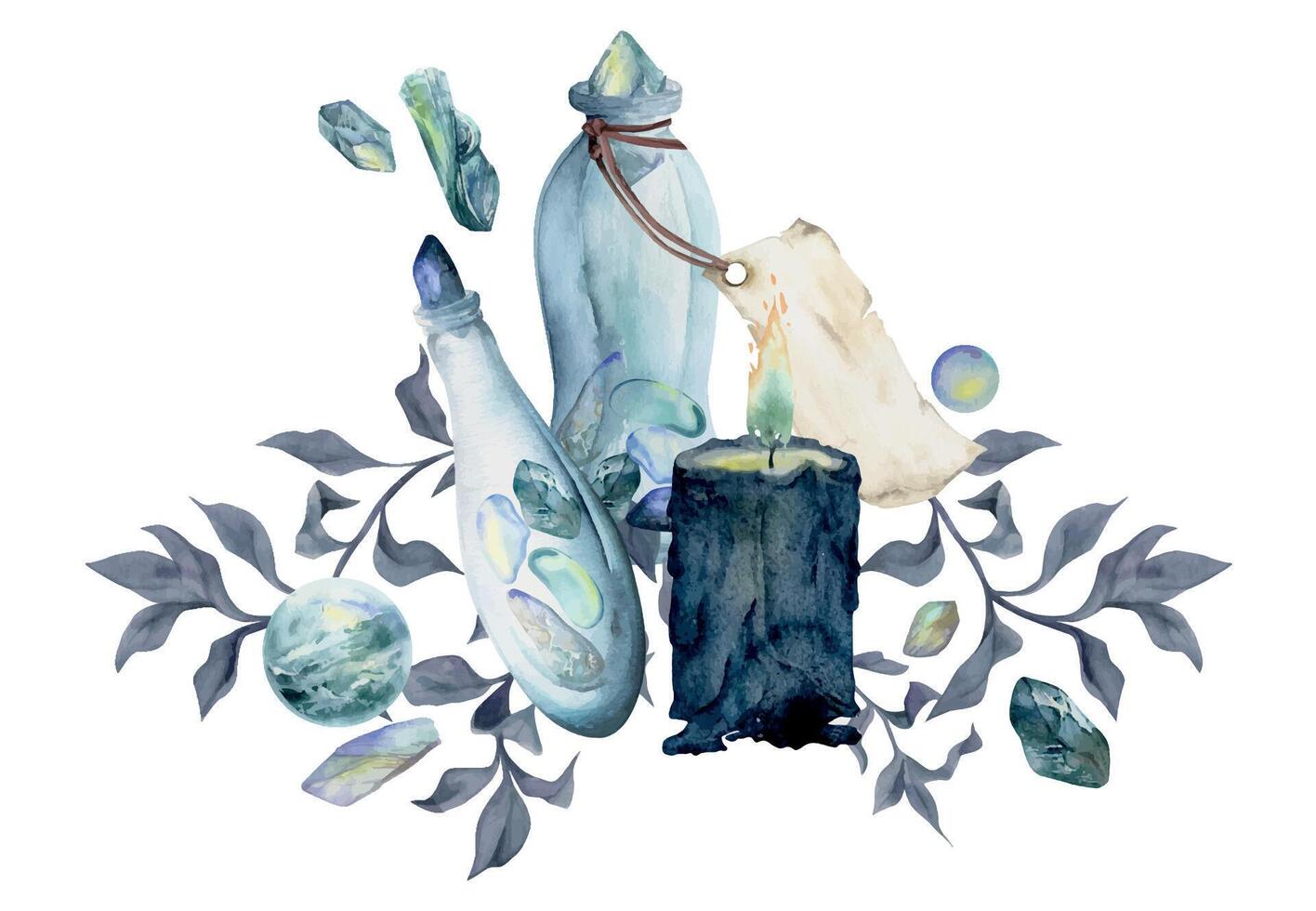 Hand drawn watercolor illustration sea witch altar objects. Glass vial jar blank tag, precious stones, burning candle algae leaves. Composition isolated on white background. Design print, shop, magic vector