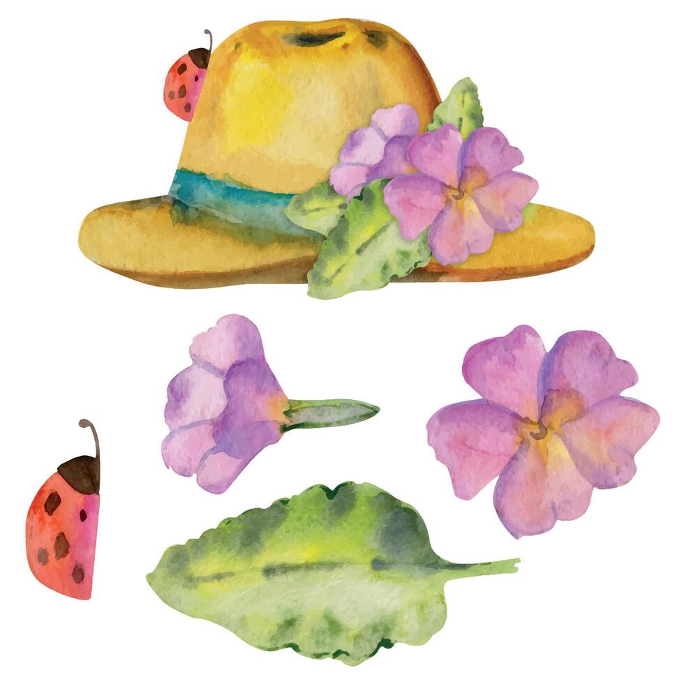 Hand drawn watercolor illustration spring gardening accessory, straw sun hat with flowers and leaves. Composition isolated on white background. Design print, shop, scrapbooking, packaging, decoupage vector