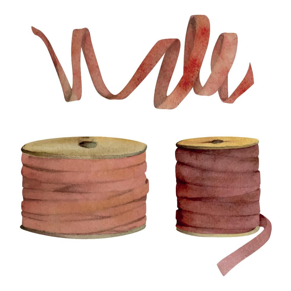 Hand drawn watercolor illustration sewing craft embroidery supplies. Ribbon bobbins fabric strap streamer serpentine. Set of objects isolated on white background. Design atelier, tailor, hobby shop vector