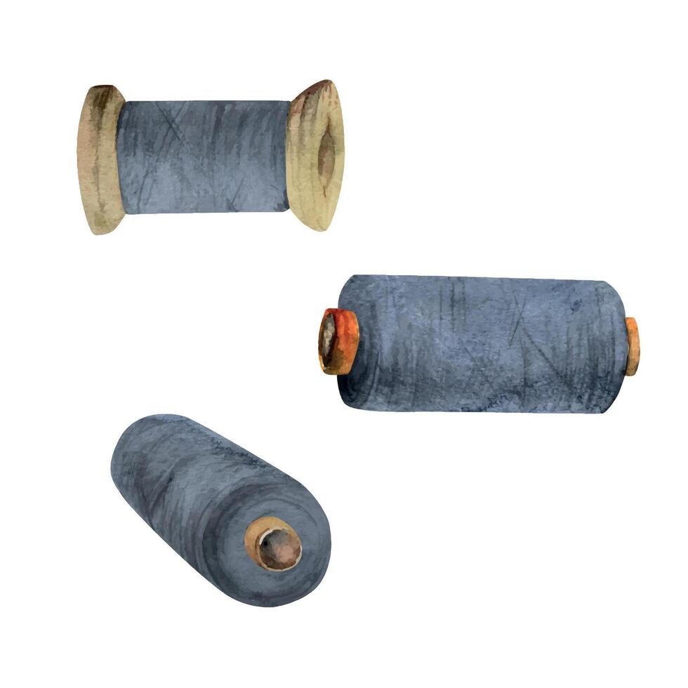 Hand drawn watercolor illustration sewing craft embroidery stitching supplies. Thread bobbins spools skeins yarn. Set of objects isolated on white background. Design atelier, tailor, hobby shop vector