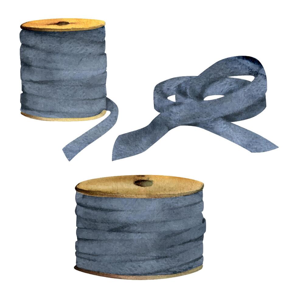 Hand drawn watercolor illustration sewing craft embroidery supplies. Ribbon bobbins fabric strap streamer serpentine. Set of objects isolated on white background. Design atelier, tailor, hobby shop vector