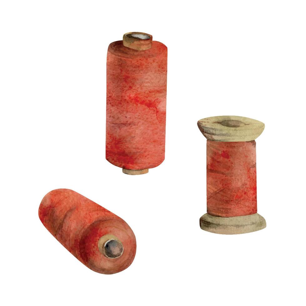 Hand drawn watercolor illustration sewing craft embroidery stitching supplies. Thread bobbins spools skeins yarn. Set of objects isolated on white background. Design atelier, tailor, hobby shop vector