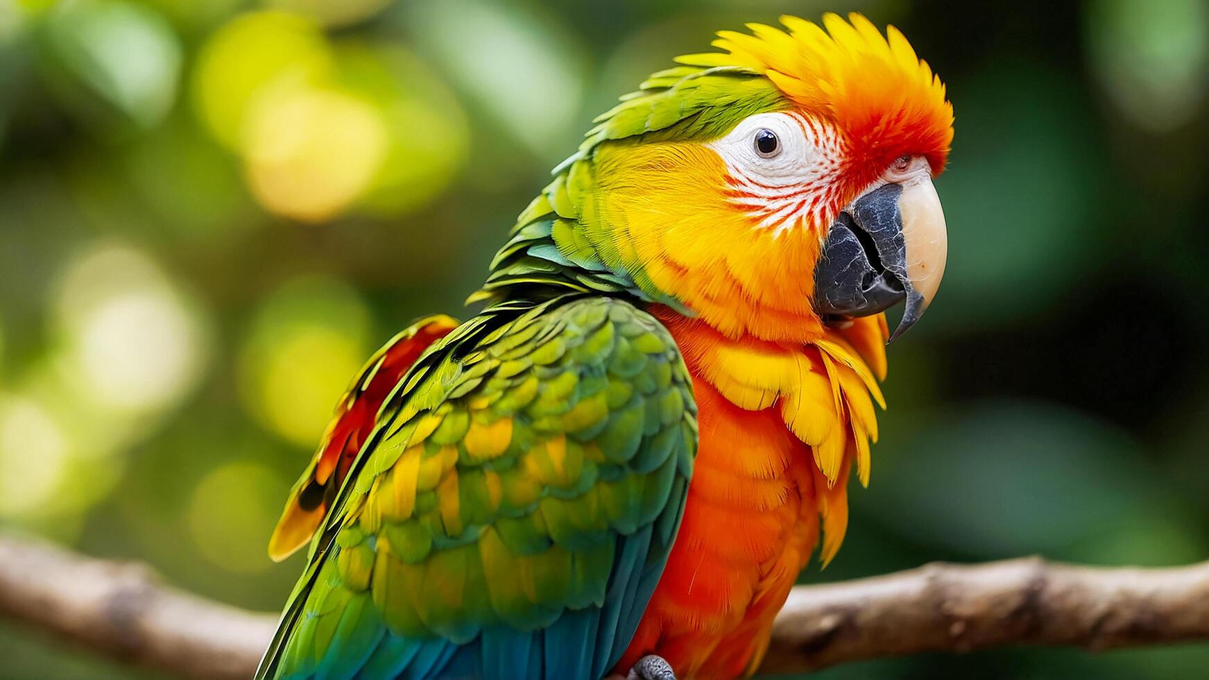 AI generated Beautiful Sun Conure bird on a branch in nature photo