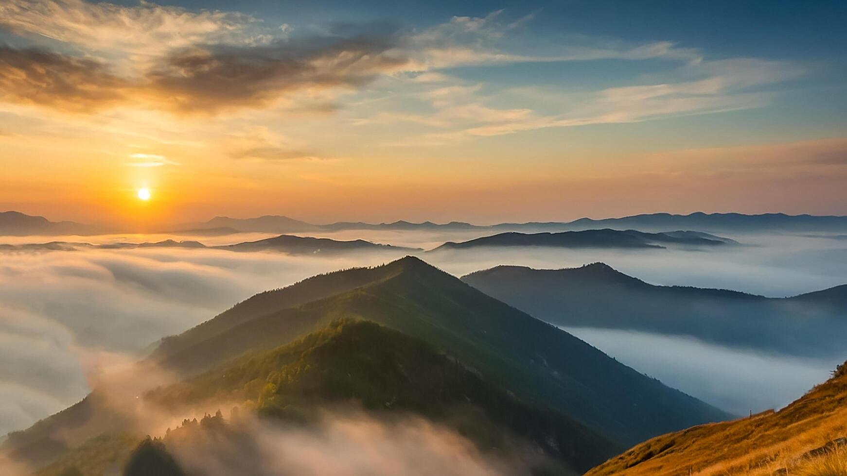 ai generado puesta de sol y montañas hermosa panorámico natural paisaje foto