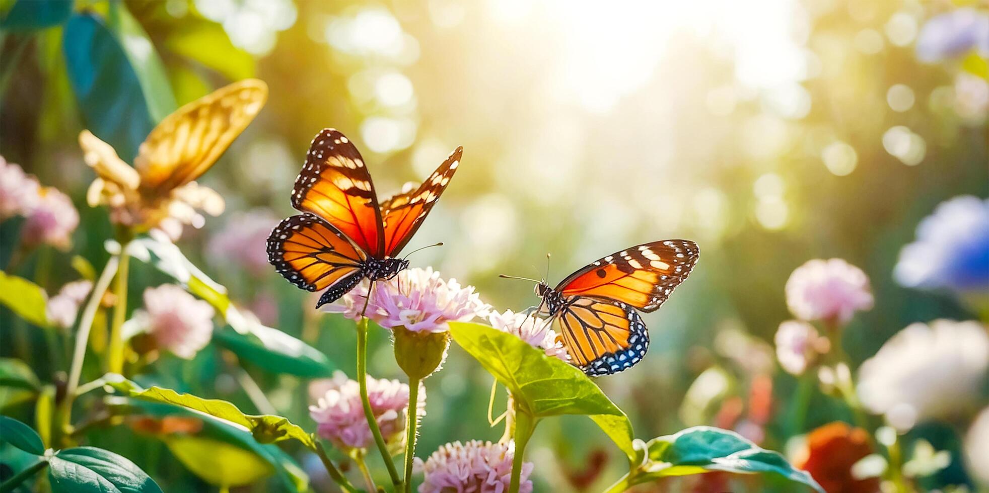 ai generado hermosa mariposa en el flor jardín en el Mañana foto