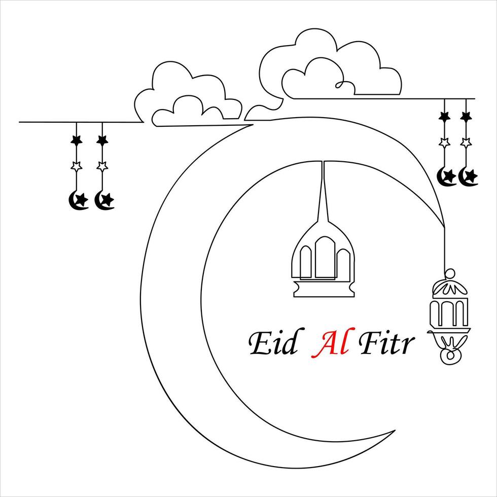 Continuous one line drawing of eid al fitr out line vector art illustration