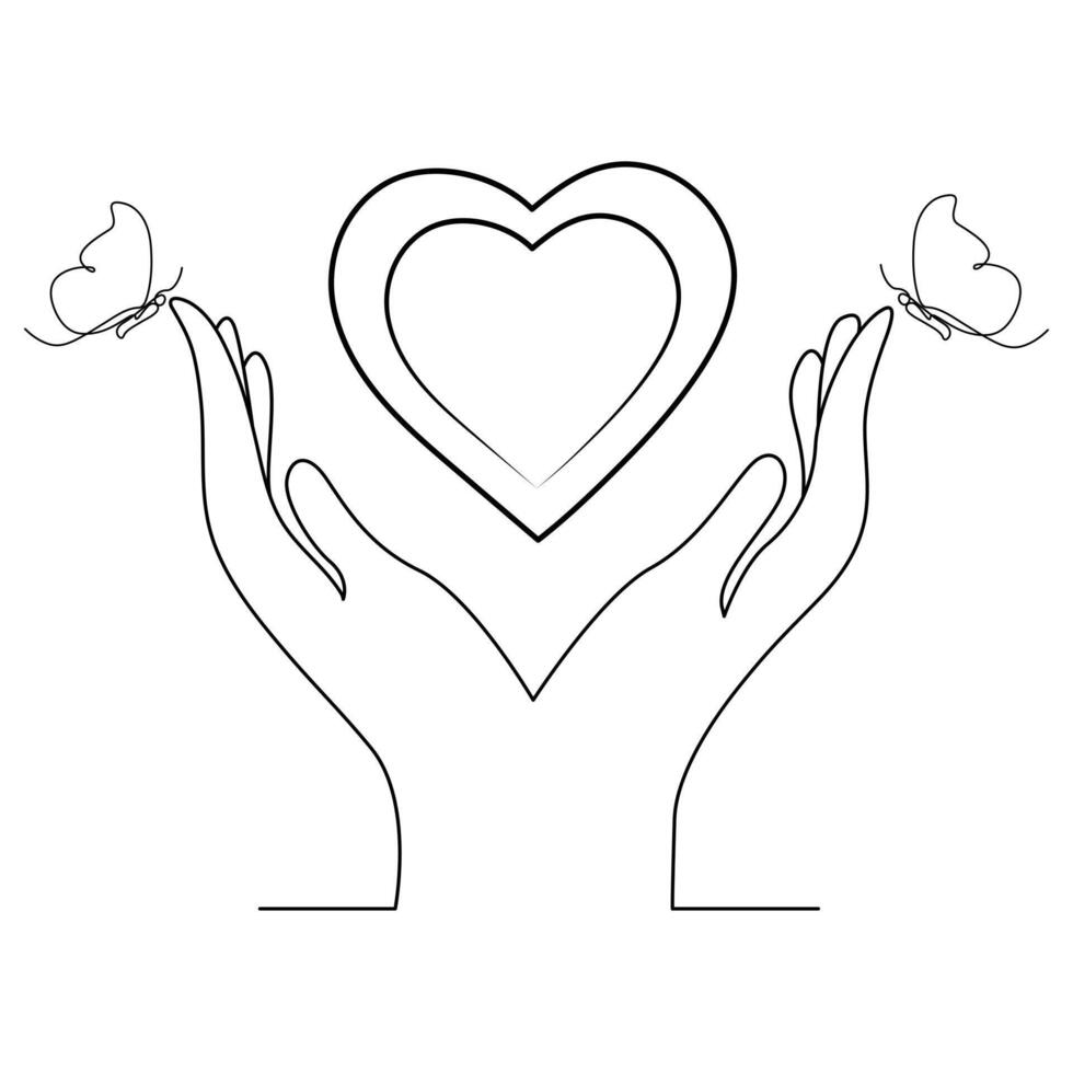 Continuous one line drawing of love shape in hand vector art illustration