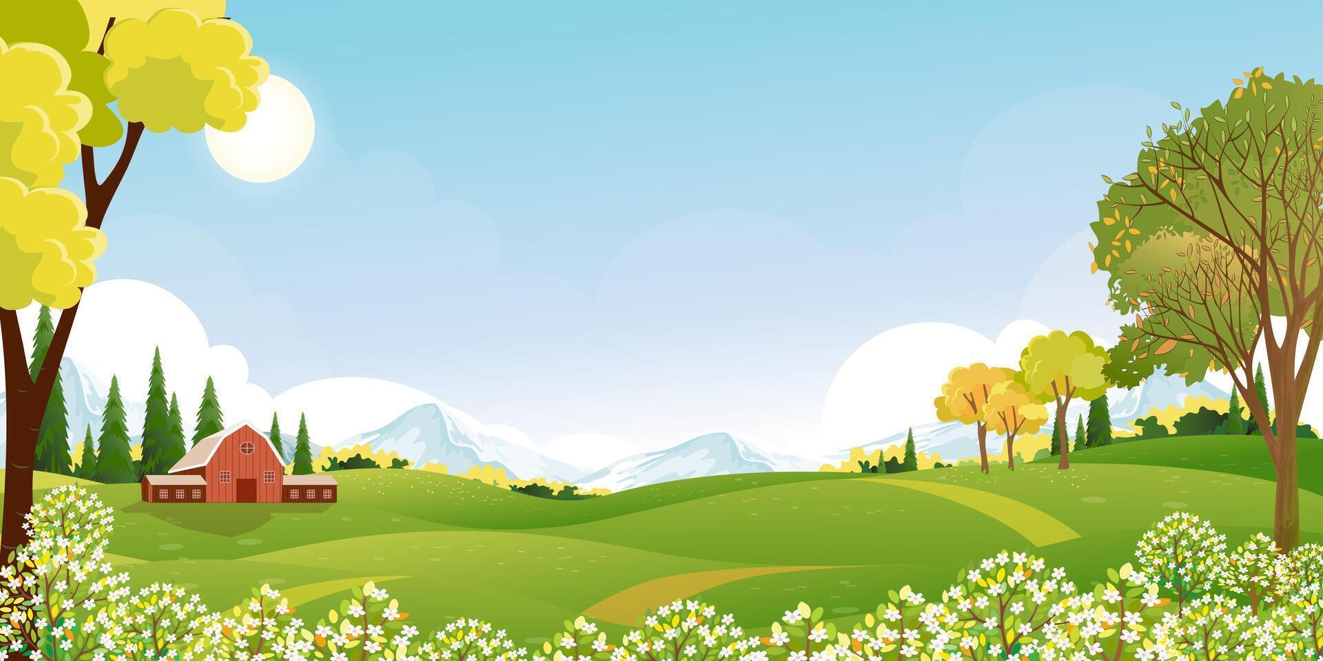 primavera antecedentes con cielo, nube, hierba campo, flor en colina y bosque árbol en pueblo, vector dibujos animados verano paisaje pacífico rural naturaleza en el parque,panorámico bandera para Pascua de Resurrección