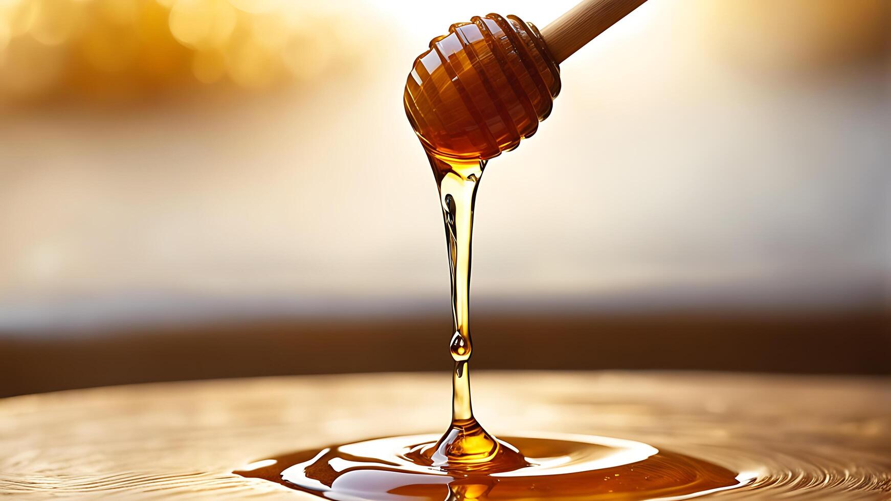 AI generated Honey dripping from a wooden honey dipper on a golden background photo