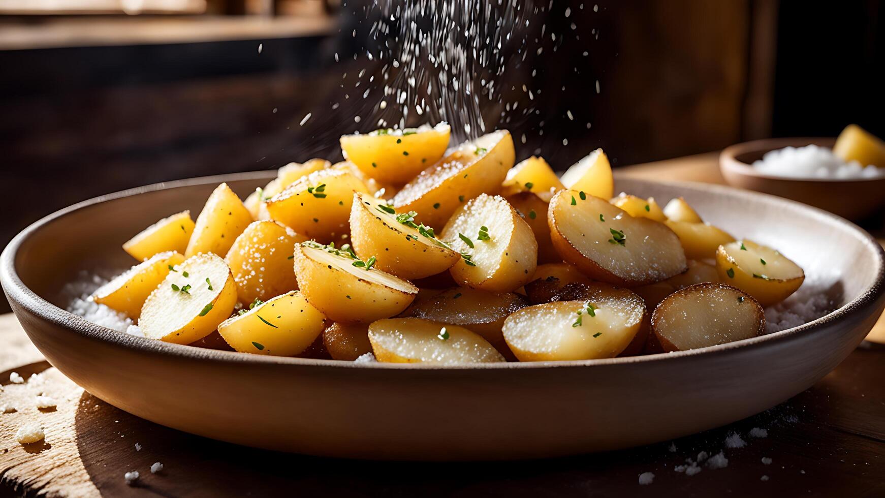 ai generado hervido patatas rociado con sal en un de madera mesa, rústico estilo foto