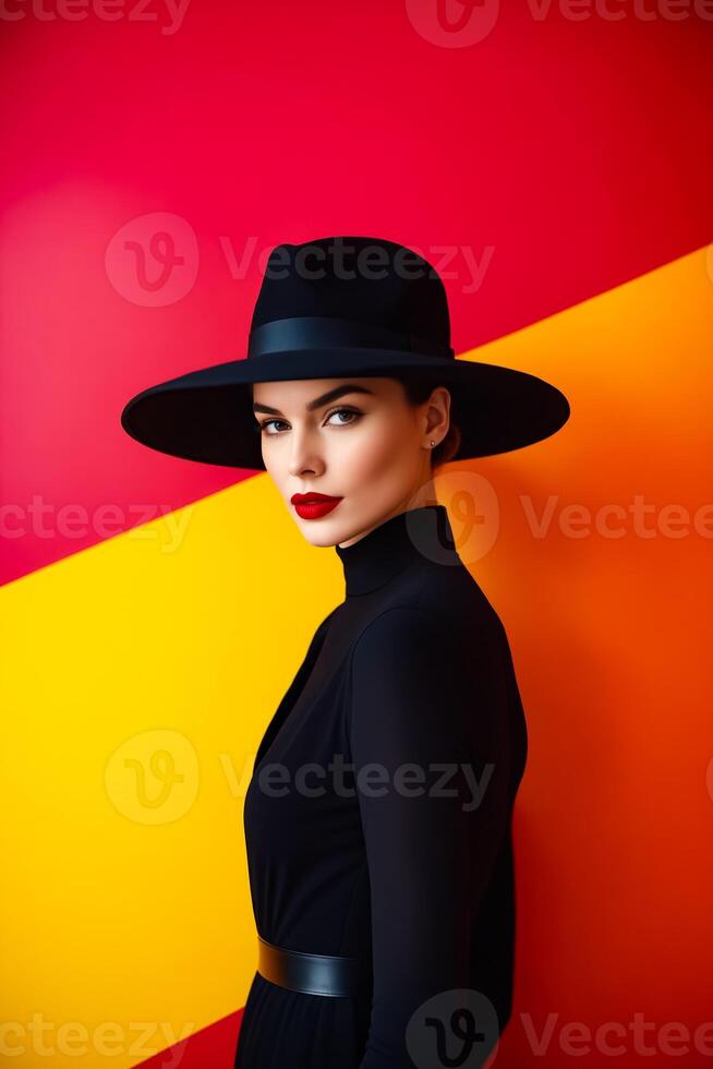 AI generated A woman in a black dress and hat is standing in front of a red photo