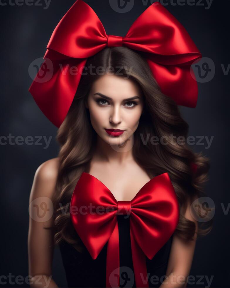 AI generated A woman wearing a red bow on her head photo