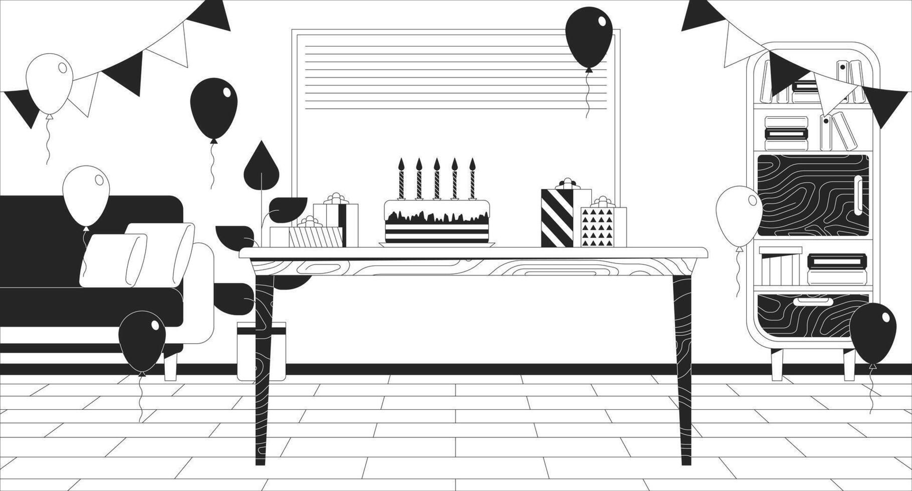 Birthday party celebration black and white line illustration. Festive cake and gifts in decorated room 2D interior monochrome background. Happy holiday congratulation outline scene vector image