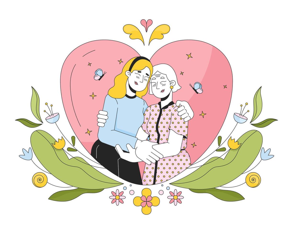 Gratitude mother day 2D linear illustration concept. Closeness affectionate older mother daughter cartoon characters isolated on white. Good warm moment metaphor abstract flat vector outline graphic