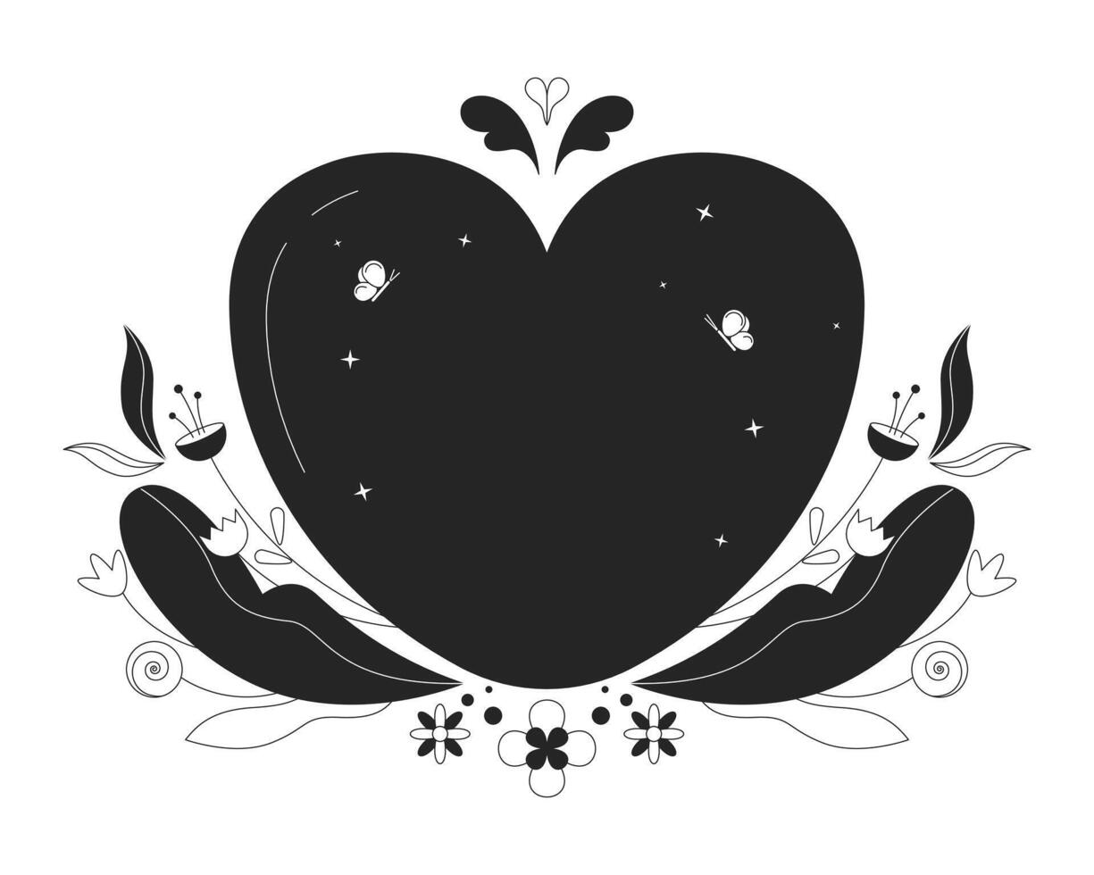 Heart spring decorated black and white 2D line cartoon object. Springtime decor. Heart flowers plants frame isolated vector outline item. Floral summertime monochromatic flat spot illustration