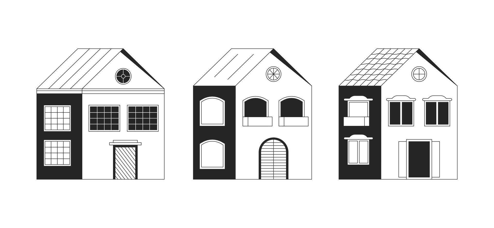 Three houses contemporary black and white 2D line cartoon objects set. Residential homes isolated vector outline items collection. Neighborhood suburban buildings monochromatic flat spot illustrations