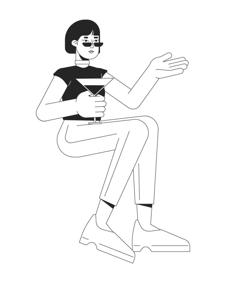 Asian woman with cocktail glass black and white 2D line cartoon character. Young female sitting at party isolated vector outline person. Chilling at home booze monochromatic flat spot illustration