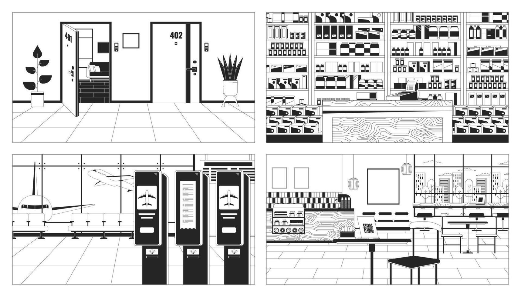 Public space indoors black and white line illustration set. Corridor apartment, pharmacy counter 2D interiors monochrome backgrounds collection. Airport, coffee shop outline scenes vector images