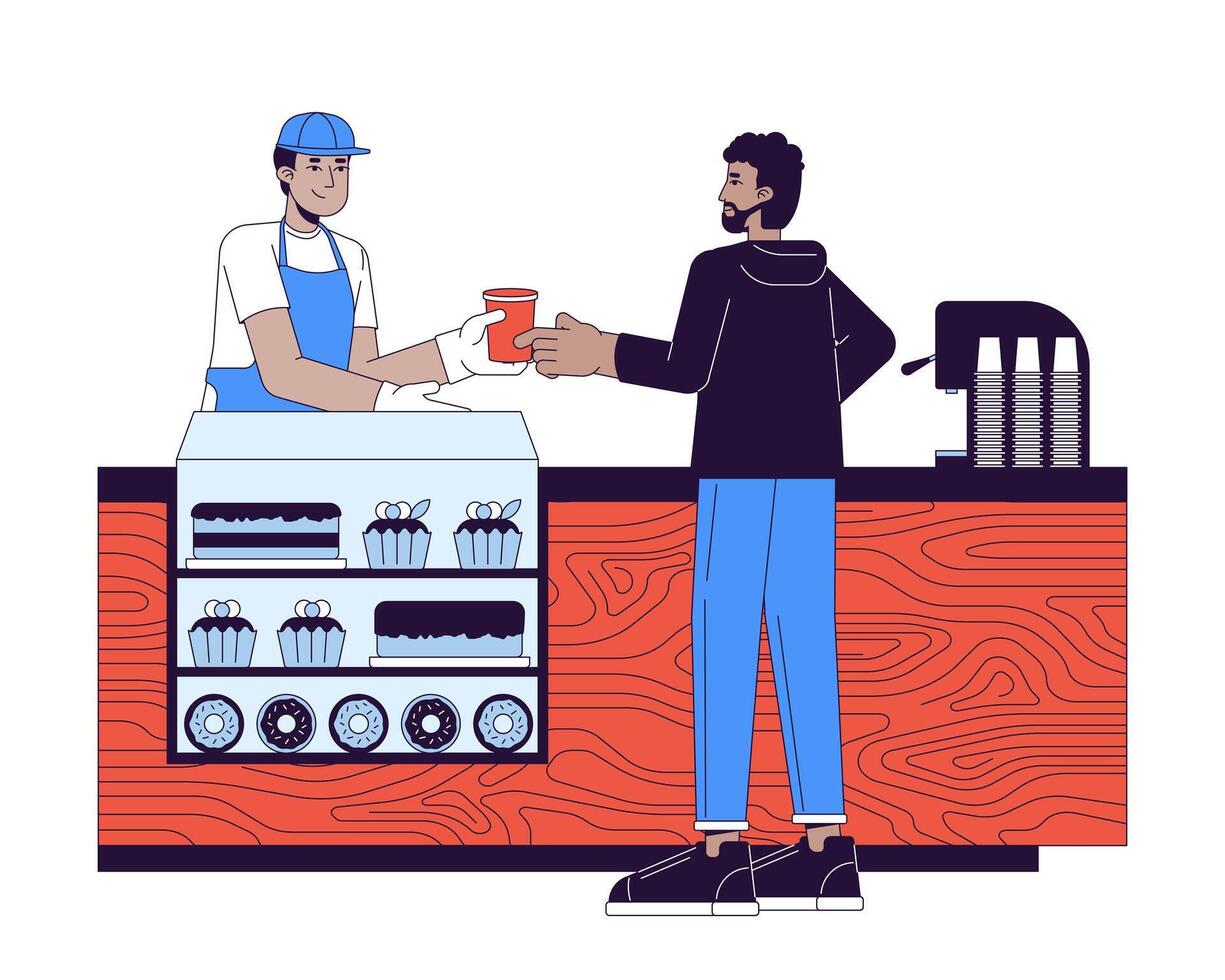 Customer receiving coffee from barista 2D linear cartoon characters. Indian man, african american guy isolated line vector people white background. Cafeteria coffee shop color flat spot illustration