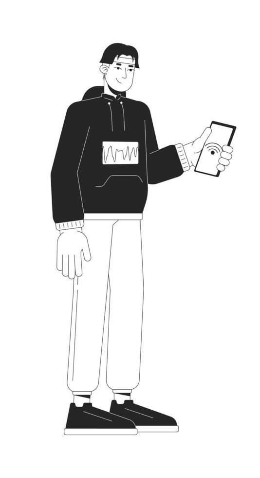 coreano joven hombre teniendo nfc en teléfono negro y blanco 2d línea dibujos animados personaje. sin contacto pago chico aislado vector contorno persona. inalámbrico tecnología monocromo plano Mancha ilustración