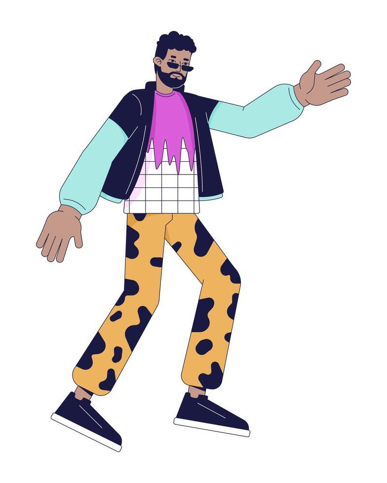 Dancing african american man 2D linear cartoon character. Disco party fun. Stylish black guy isolated line vector person white background. 80s years clothes color flat spot illustration