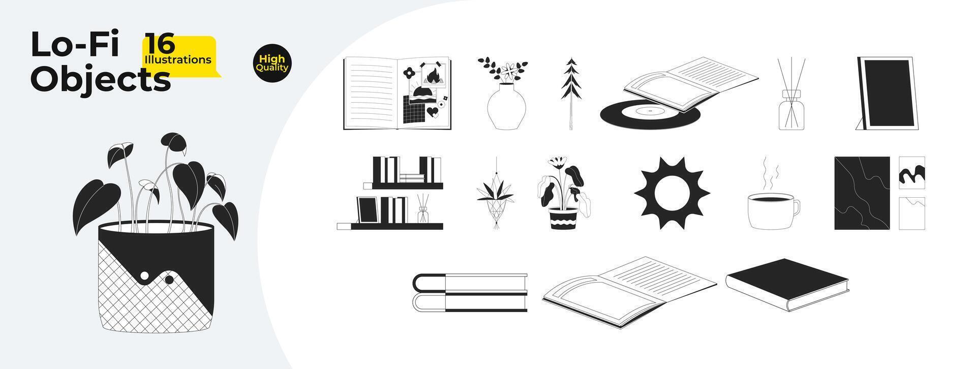 Bohemian Cozy Monochrome Line Cartoon Objects Bundle vector