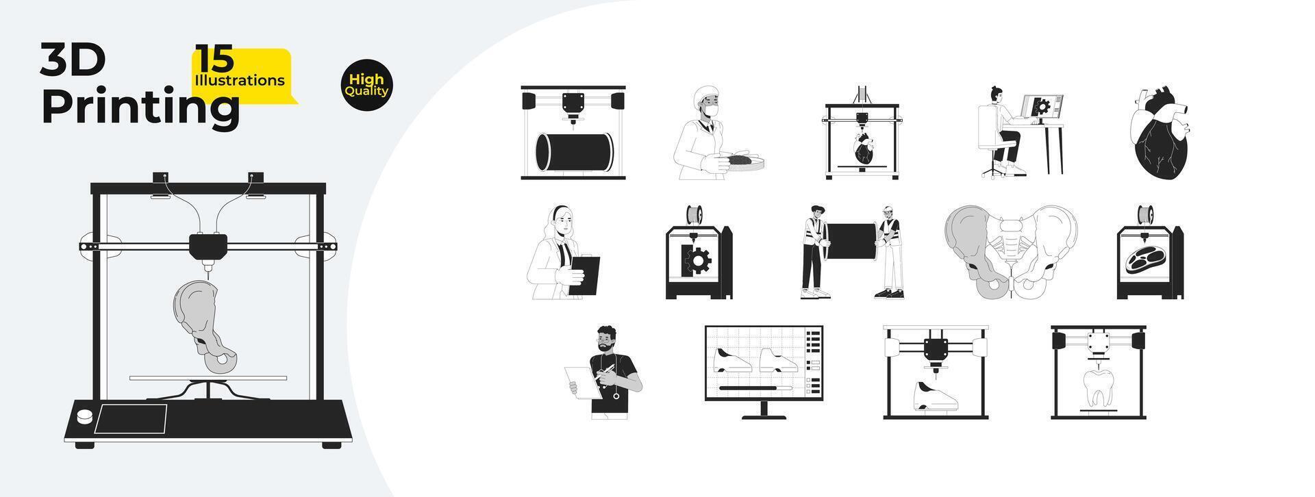 3d printers technicians black and white cartoon flat illustration bundle. Diverse developers 2D lineart characters isolated. Medicine, fashion, food industry monochrome vector outline image collection
