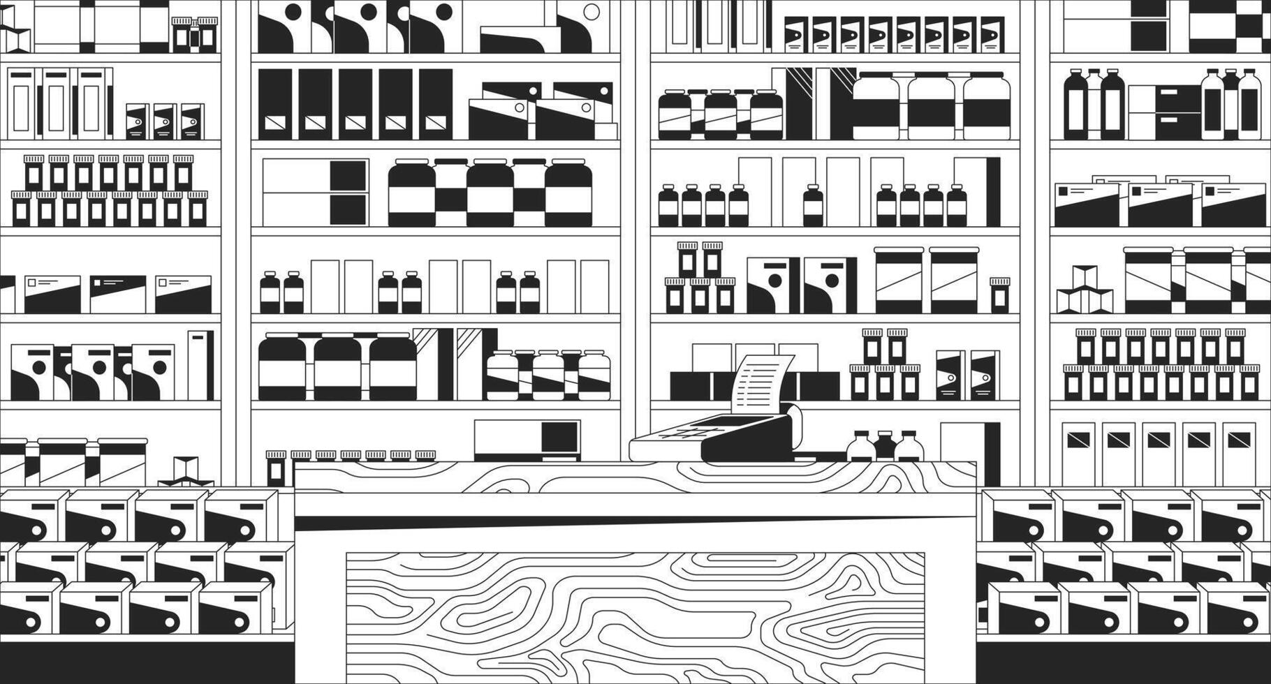 Pharmacy checkout counter black and white line illustration. Medication display 2D interior monochrome background. Pills drug store. Cabinet medicine. Pharmaceuticals shop outline scene vector image