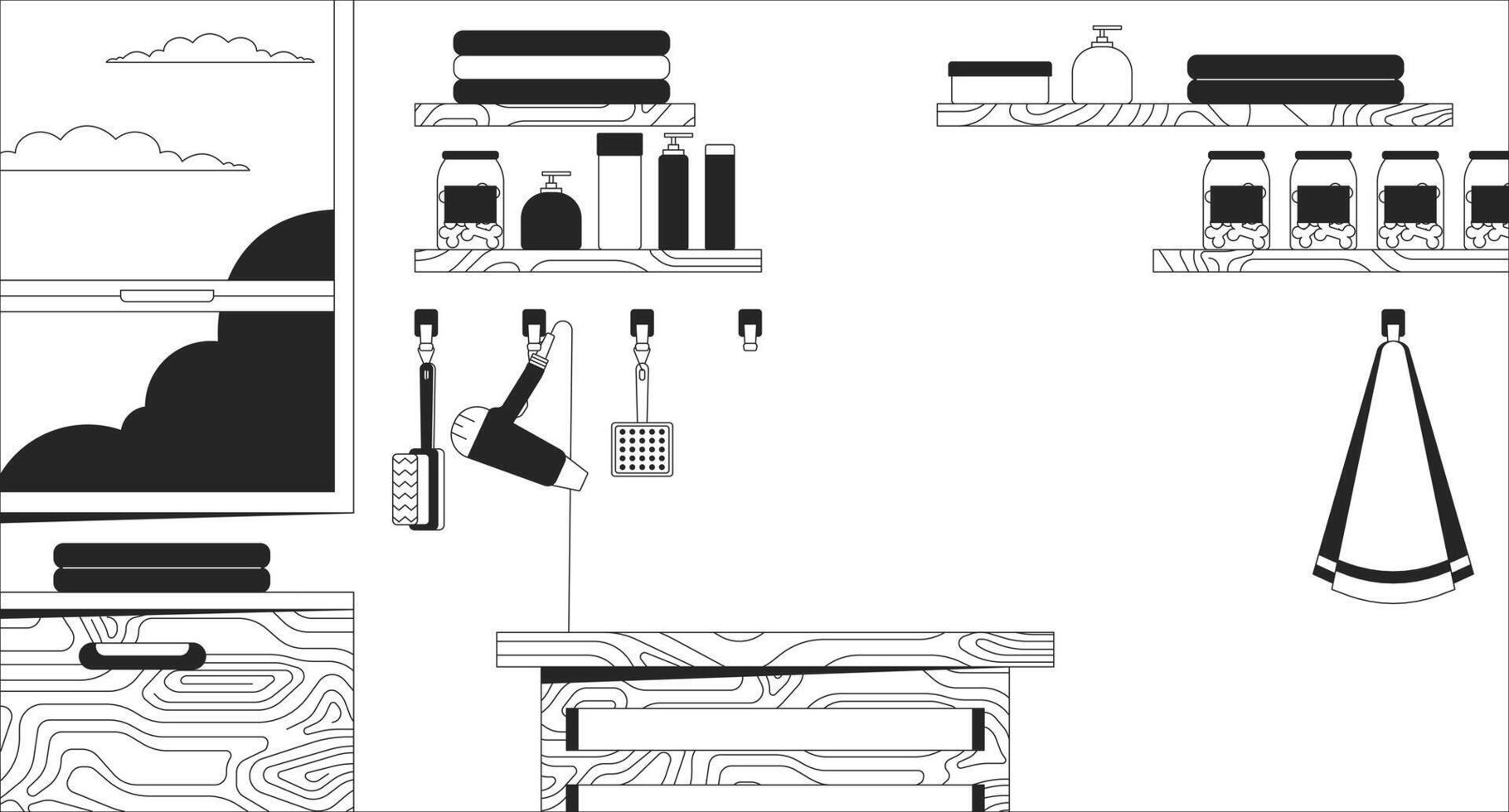 mascota aseo salón interior negro y blanco línea ilustración. profesional servicio. animal peluquero lugar de trabajo con herramientas 2d interior monocromo antecedentes. interior diseño contorno escena vector imagen