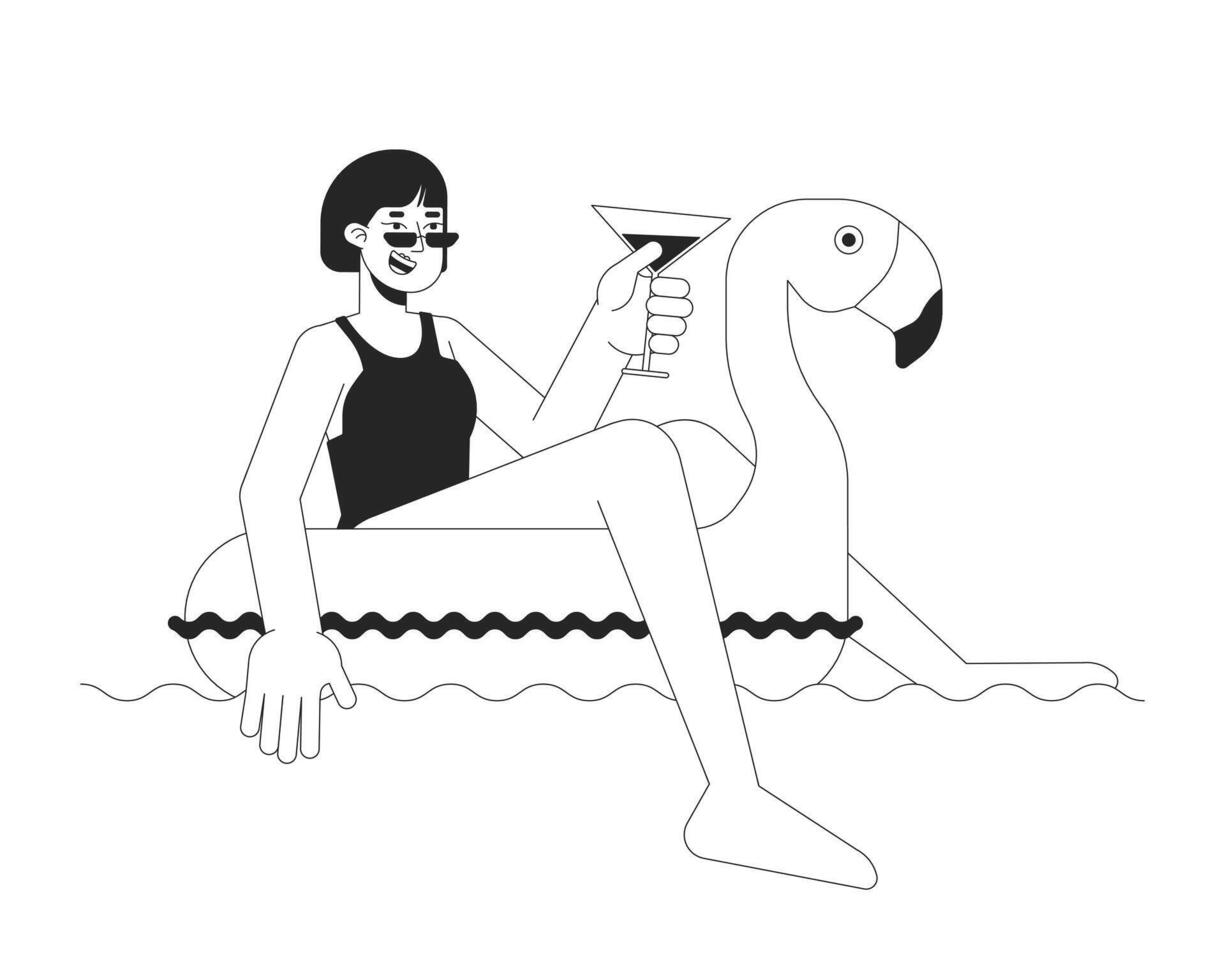 contento mujer en inflable flamenco negro y blanco 2d línea dibujos animados personaje. asiático hembra disfrutando piscina fiesta aislado vector contorno persona. junto a la piscina relajarse monocromo plano Mancha ilustración