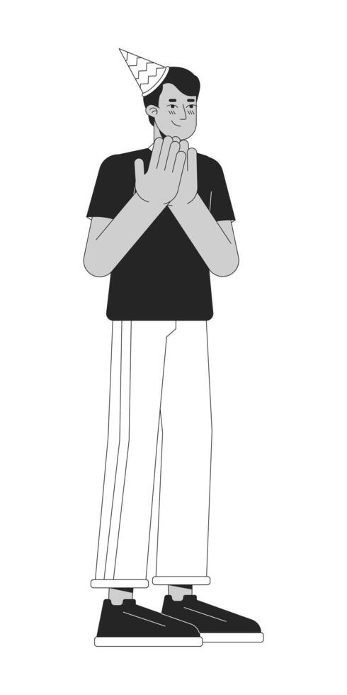 Applauding man at party black and white 2D line cartoon character. Birthday holiday guest with cone hat isolated vector outline person. Festive event celebration monochromatic flat spot illustration