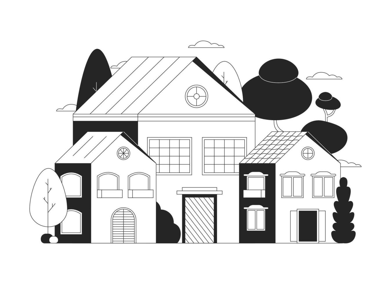 Suburban houses black and white 2D line cartoon object. Neighborhood residential trees homes isolated vector outline item. Estate properties. Suburb community monochromatic flat spot illustration